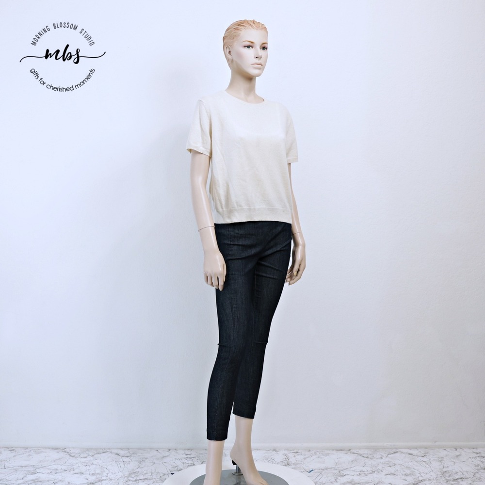 Lauren Ralph Lauren 100% Cashmere Crew Neck Short Sleeve Preppy Sweater Cream LP